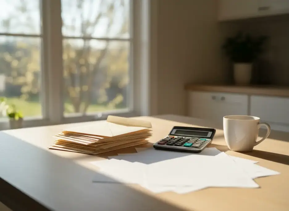 Opened envelopes, a calculator and a coffee cup on a kitchen table by a window