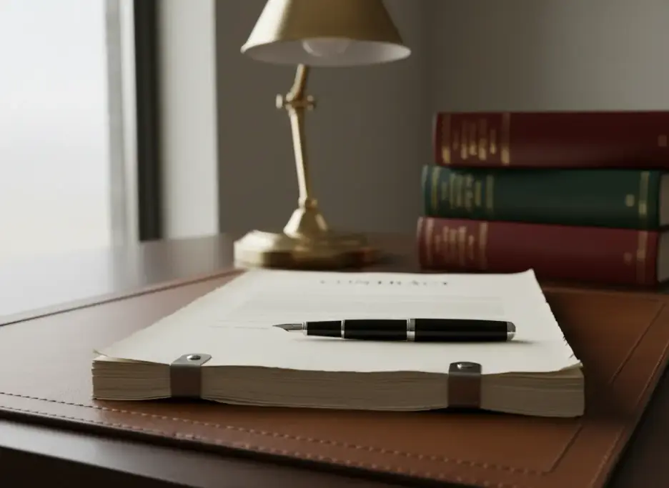 A fountain pen across a thick contract on a leather desk blotter