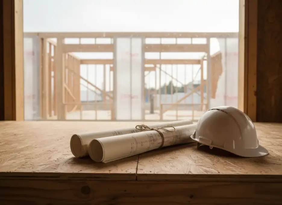 Rolled blueprints and a white hard hat on a site-office table