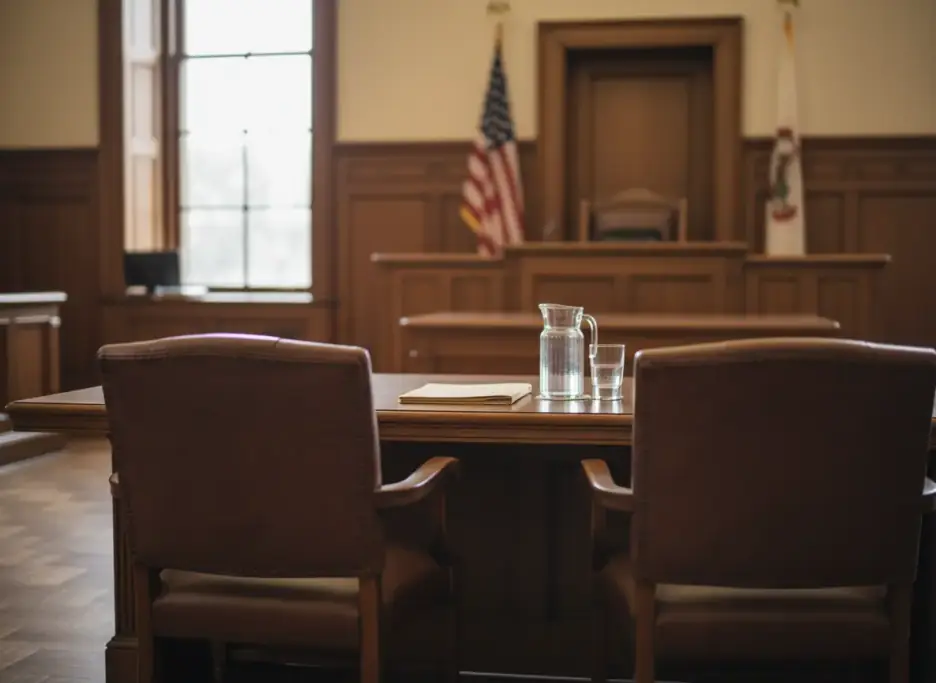 An empty defense table with two leather chairs facing the bench in a Virginia courtroom