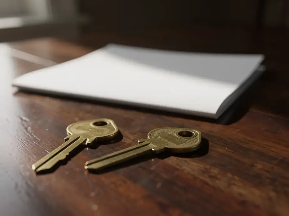 Two brass house keys set apart on a walnut table beside a folded document