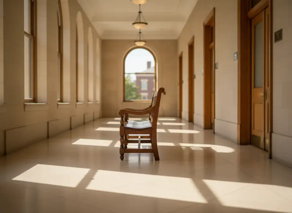An empty wooden bench in a sunlit courthouse corridor with arched windows