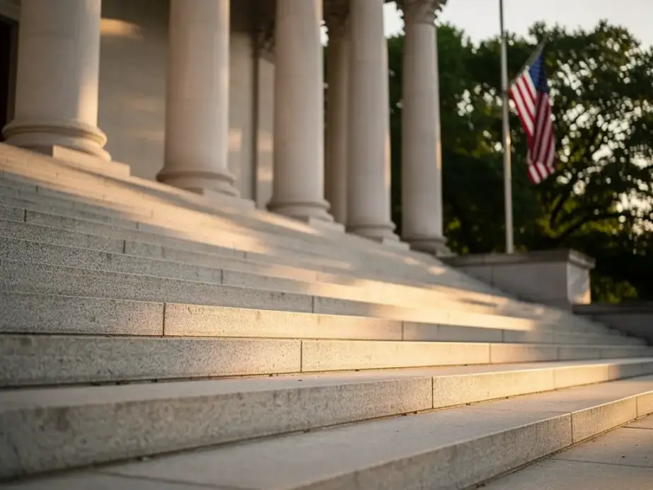 Granite steps and a stone colonnade with an American flag