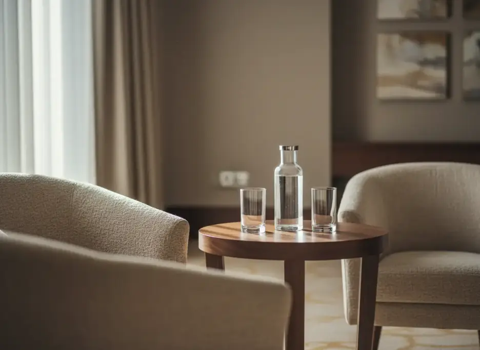 Two chairs facing each other across a small round walnut table