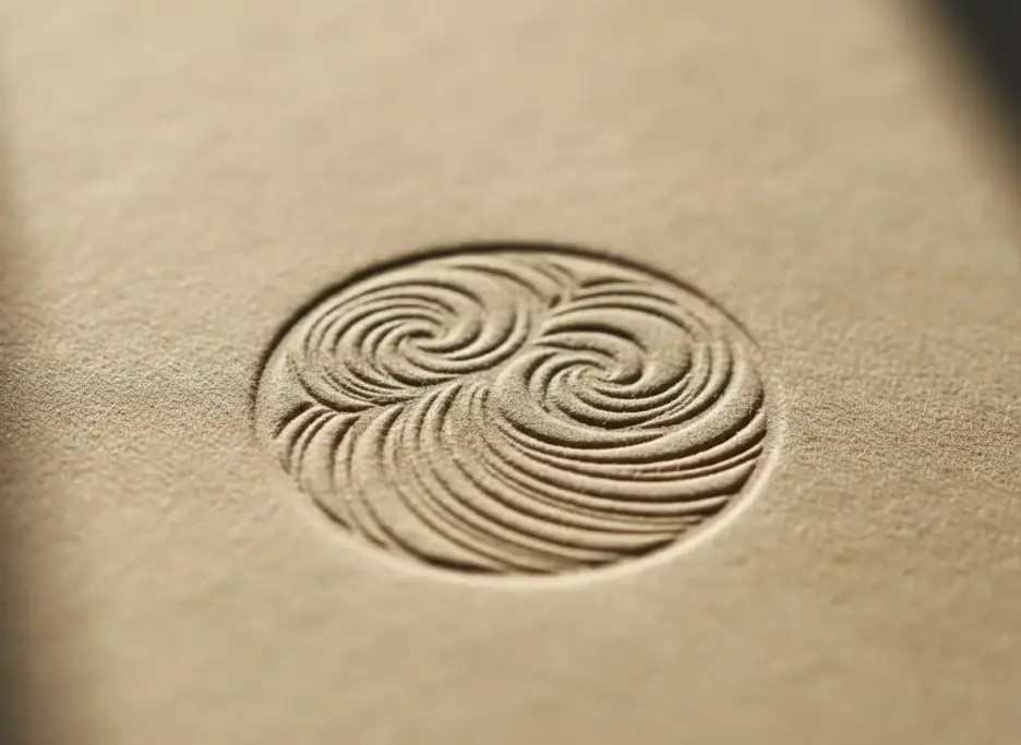 A blind-embossed seal pressed into cream cotton paper